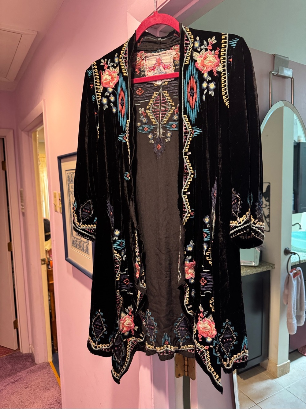 Johnny Was Size L Black Velvet Embroidered Open Duster with Floral Accents